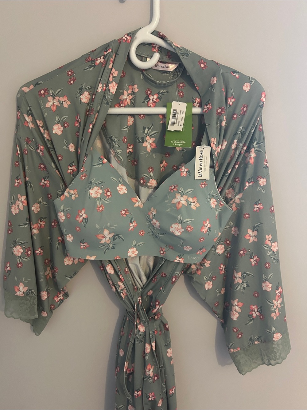 La Vie En Rose Sage Green Floral Bralette and Robe Set